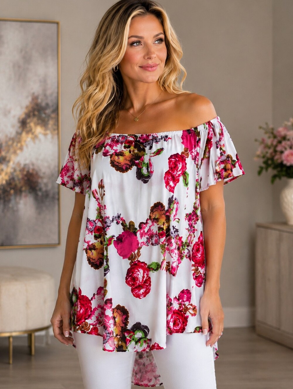 Bebe Floral Off-Shoulder Women’s Top in White and Pink